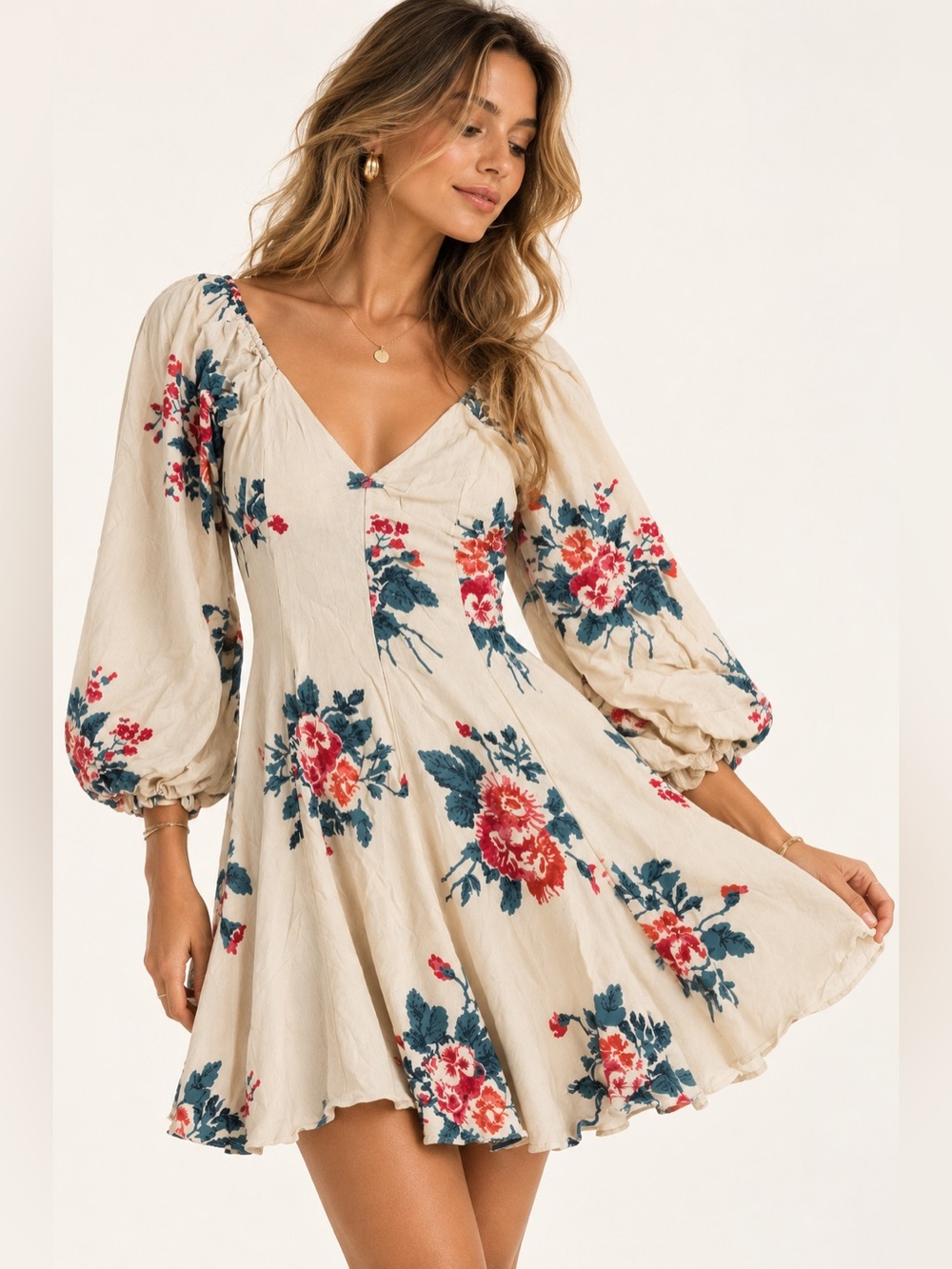 Free People Francesca Floral Mini Dress Ivory Boho Romantic Size L